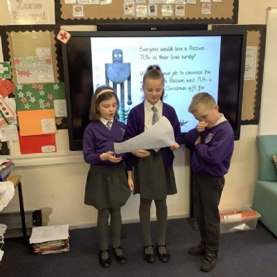 Year 4 children had a very creative morning on Tuesday, when they worked in teams to produce and perform an advert to persuade their audience to buy a robot for Christmas, to help with all of the chores!